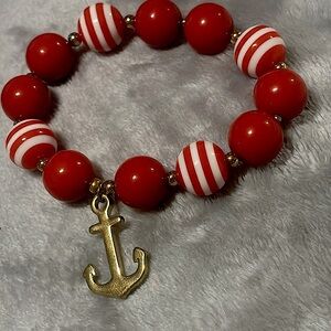 Red and White Beaded Nautical Bracelet with Anchor Charm